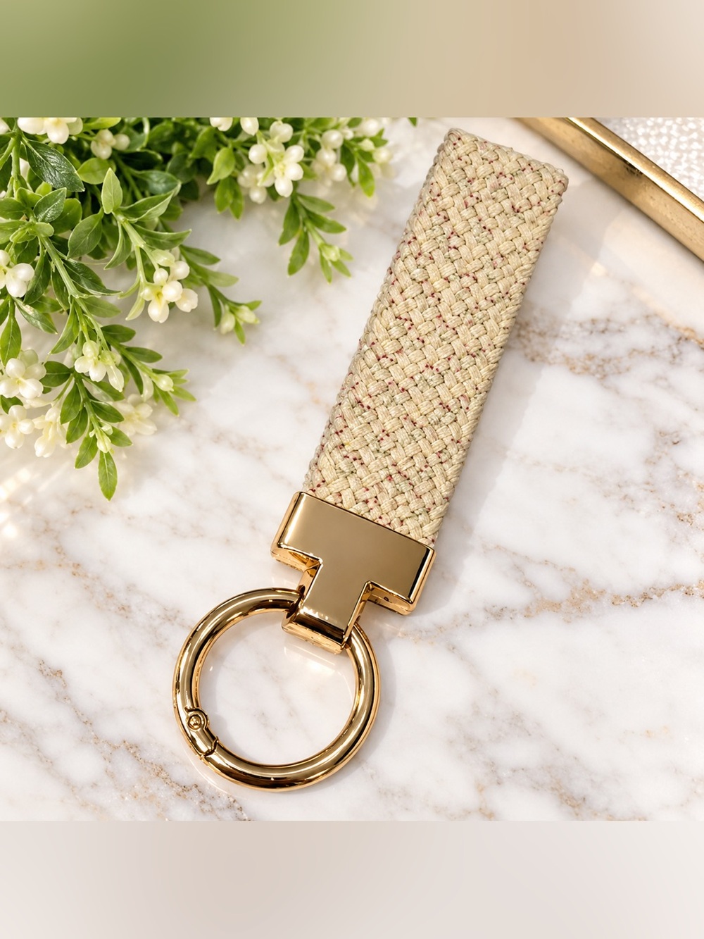 Woven Neutral Keychain Wristlet Strap Ring – Gold Tone Hardware